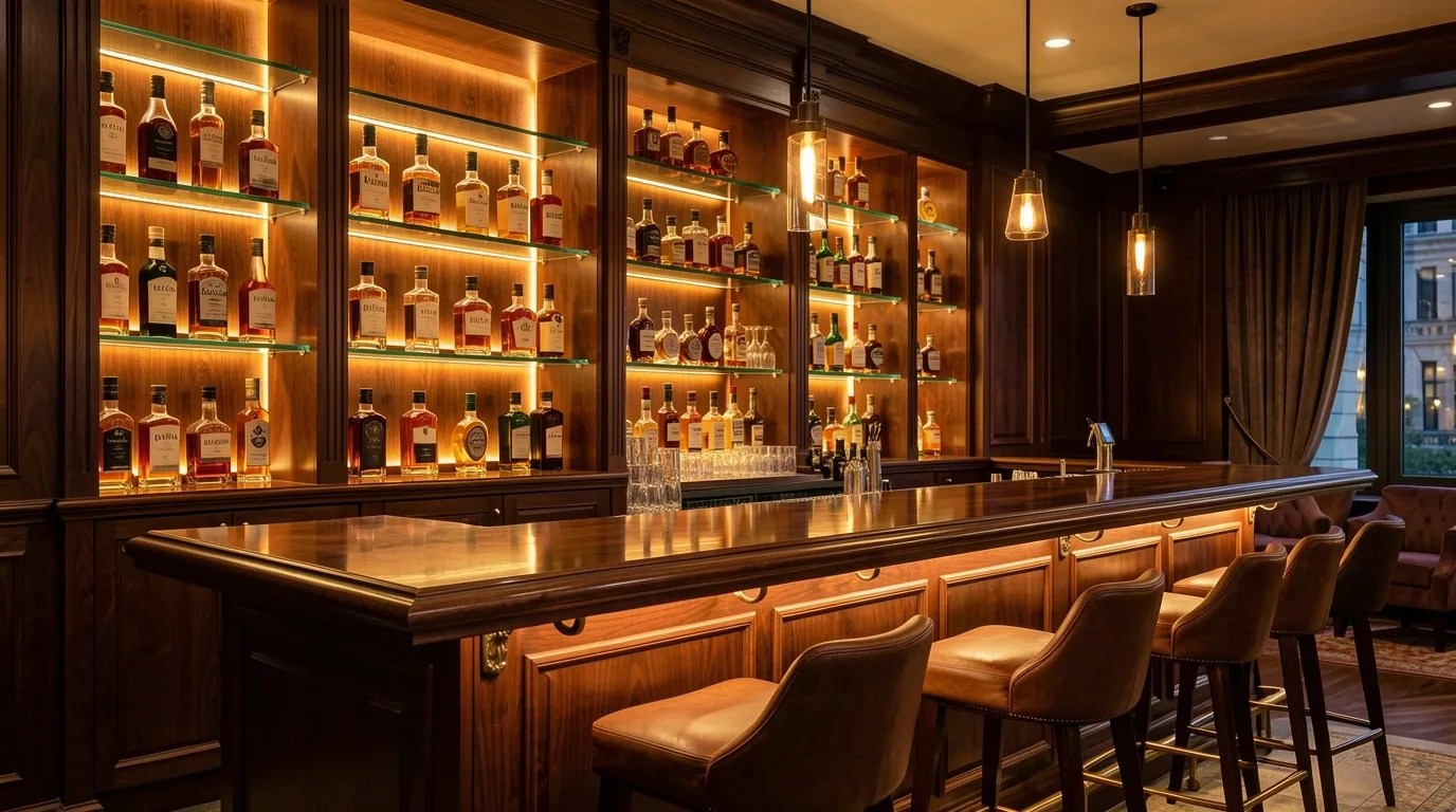 Bar z podświetlonymi regałami alkoholi premium