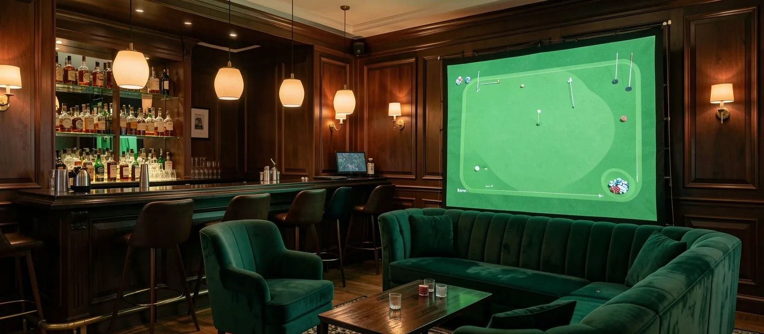 Wnętrze studia Ravfoell łączące fitting golfowy z poker lounge