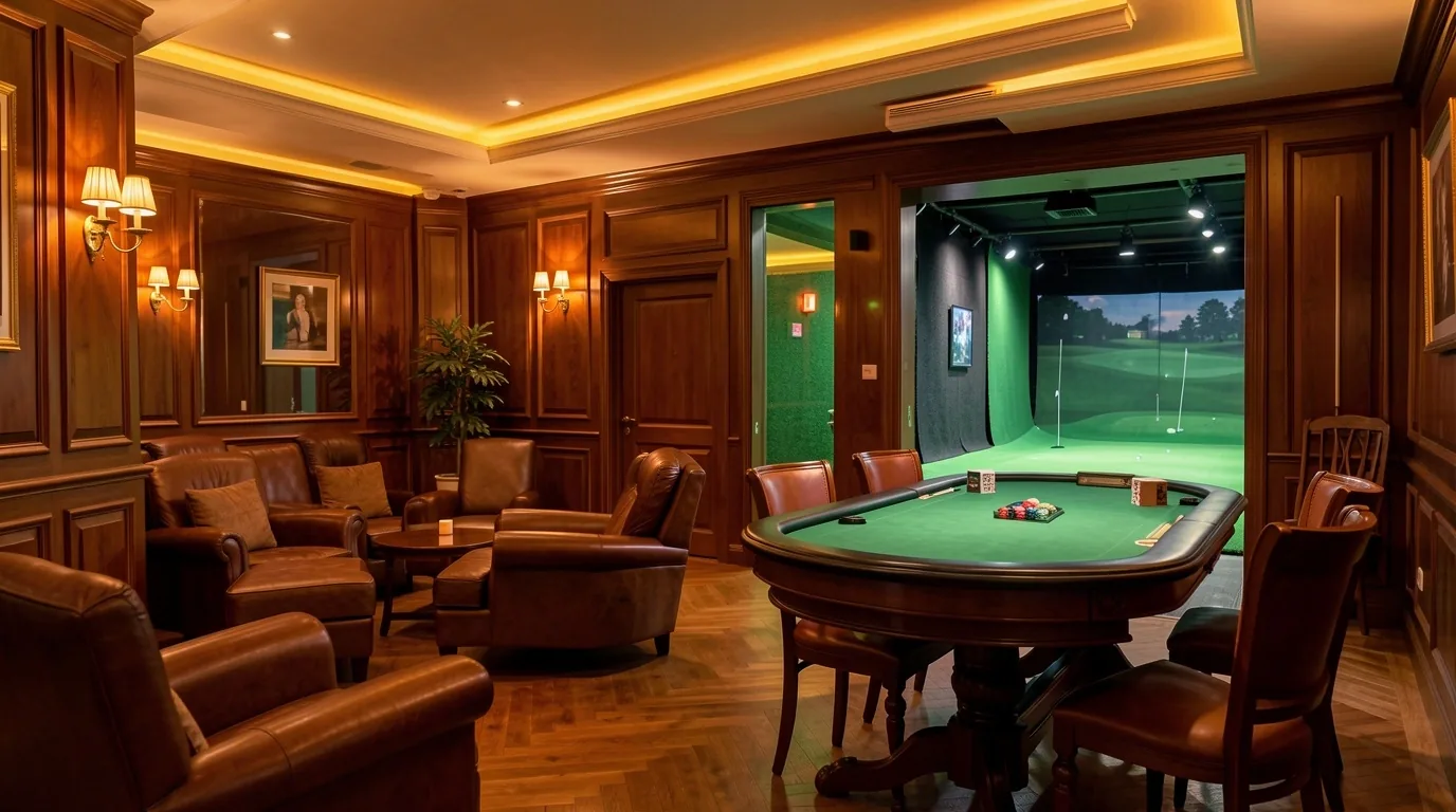 Wnętrze klubu Ravfoell łączące studio golfowe z Poker Lounge