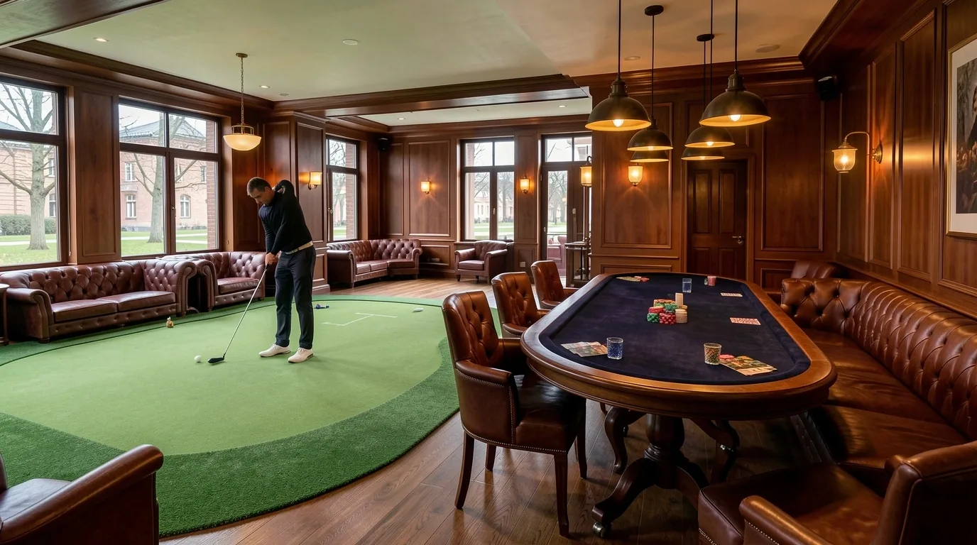 Wnętrze studia Ravfoell łączące fitting golfowy z poker lounge
