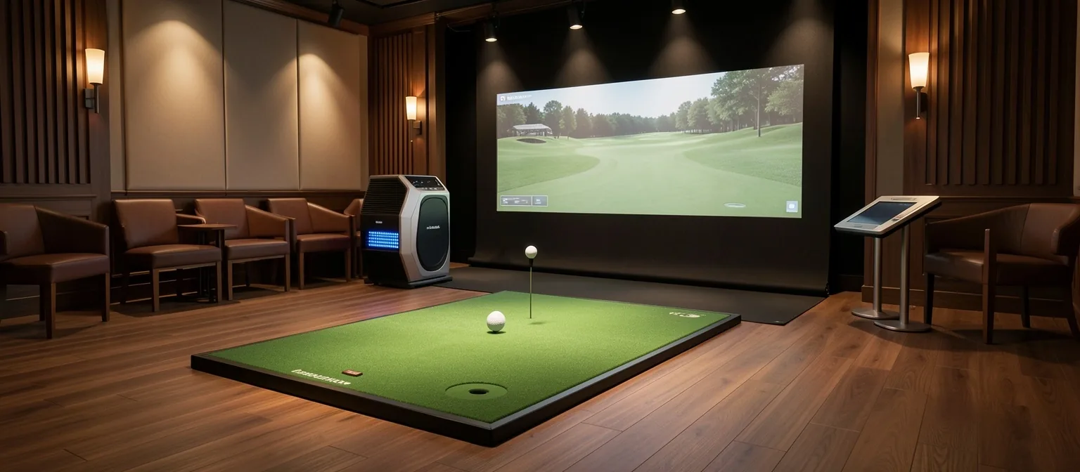 Wnętrze studia fittingu golfowego z monitorem lotu piłki